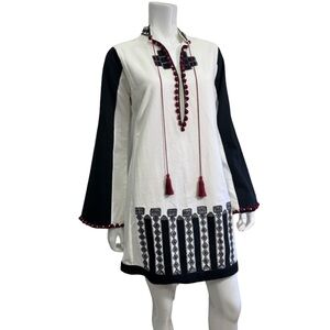 TALITHA Colorblock Tassel Embroidered Cotton Pom Pom Mini Dress M Bell Sleeves